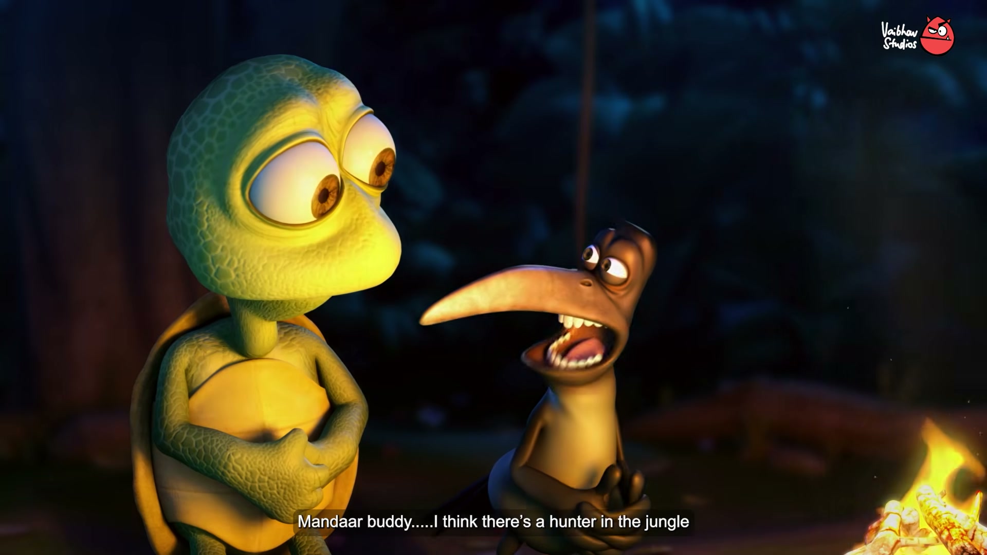 A tortoise and a bird by a campfire in Return of the Jungle